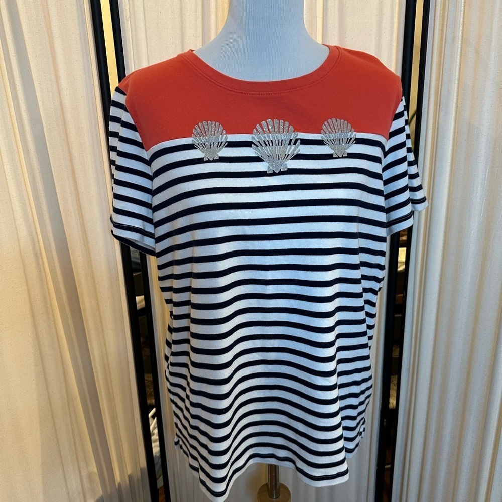 Kim Rogers Blue and White Boxy Short Sleeve T-Shirt